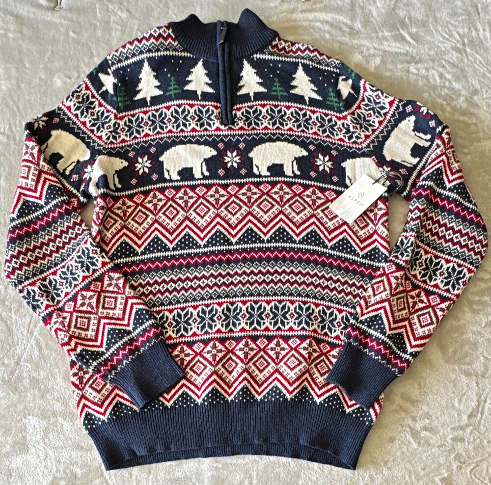 Aspen NEW Knit Sweater Mens Large 1/4 Zip Fair Isle Polar Bear Christmas Holiday